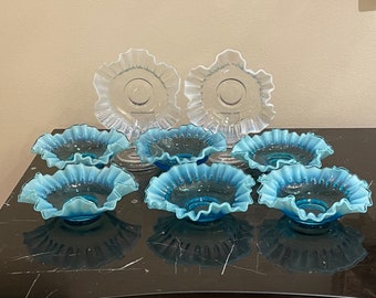 Vintage Set of 8 Opalescent Ruffled Glass Dish