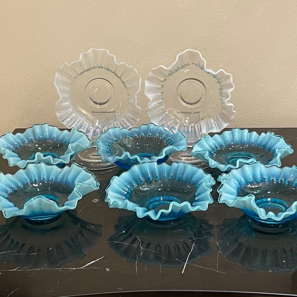 Vintage Set of 8 Opalescent Ruffled Glass Dish