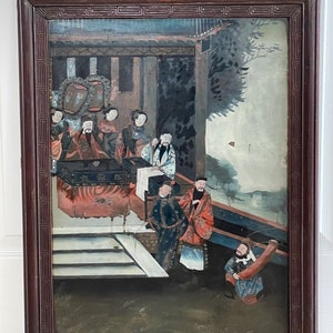 Antique Chinese Court Figural Scene Reverse Painting on Glass