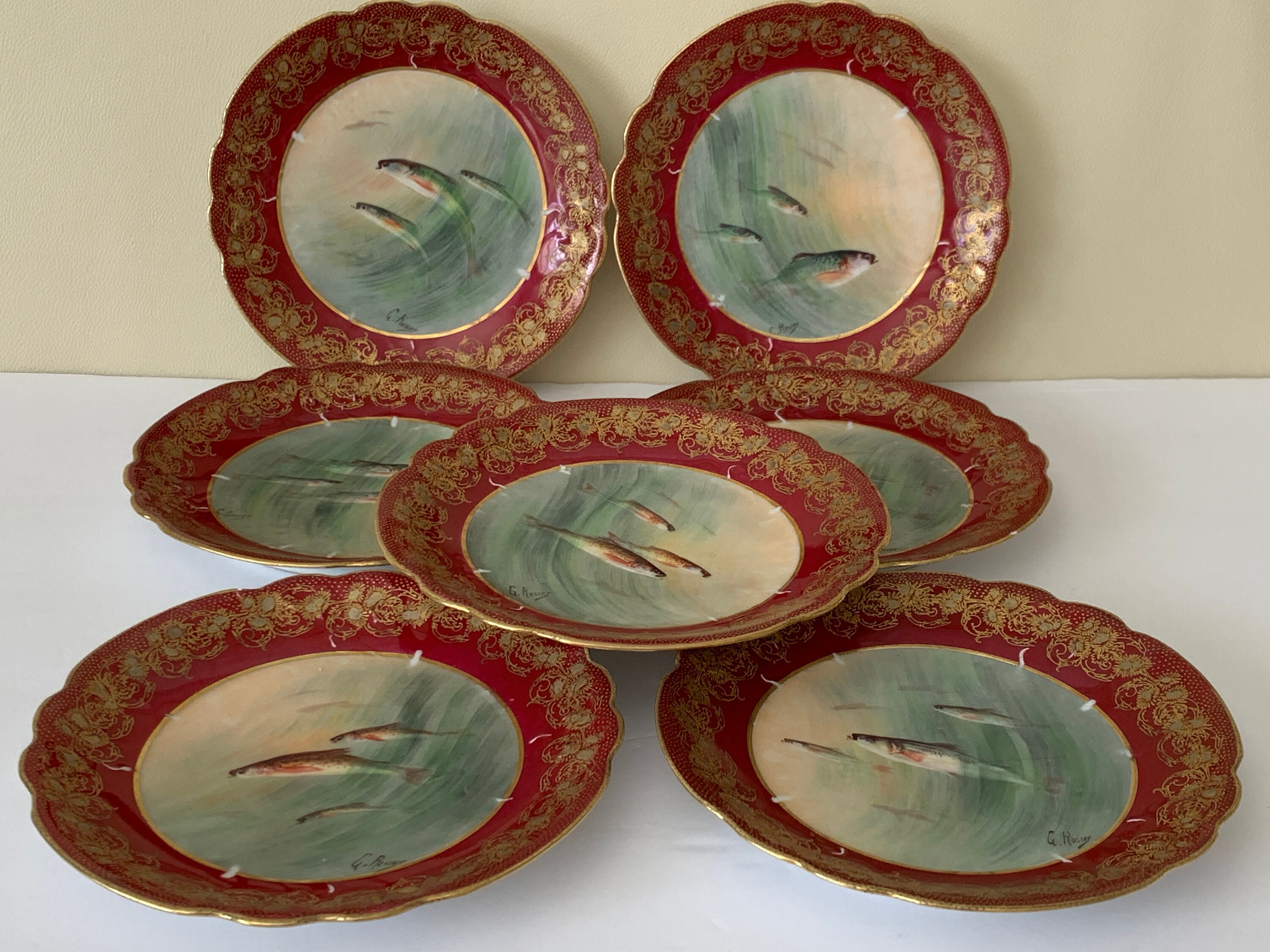 G. ロジエのサイン入りアンティーク リモージュ 磁器皿 7 枚