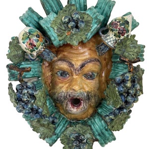 Impressive Head of Bacchus Vietri Italian Glazed Majolica Decorative Wall Mask