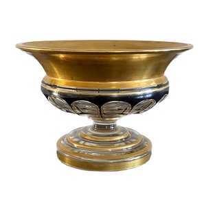 Moser Bohemian Black Cut Clear Crystal and Heavy Gold with Floral Decor Compote