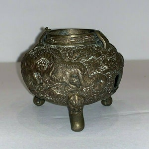 Antique Chinese Bronze Relief Dragons Decoration Warmer Incense Burner Censer