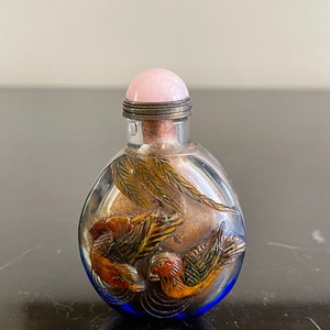 Vintage Chinese Glass Snuff Bottle with Etched Birds and Frog Decoration