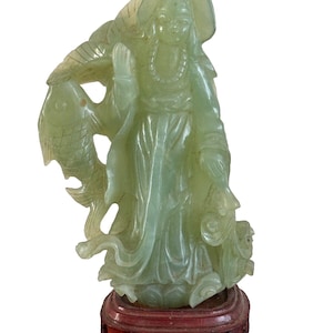 Antique Chinese Hand Carved Jade Figurine on Wood Stand