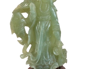 Antique Chinese Hand Carved Jade Figurine on Wood Stand
