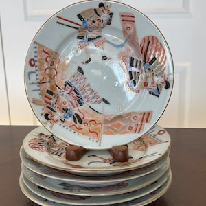 Antique Japanese Hichozan Fukagawa Meiji Period 6 Samurai Warrior Imari Plates