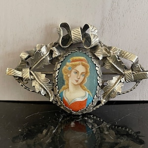 Antique Russian Kokoshnik Silver Porcelain Portrait Brooch