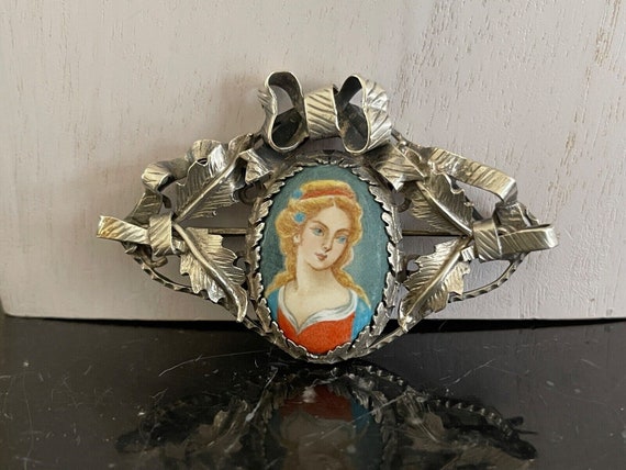 Antique Russian Kokoshnik Silver Porcelain Portra… - image 1