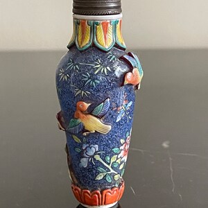 Vintage Chinese Peking Glass 3.5" Snuff Bottle w Hand Painted Overlay Decoration