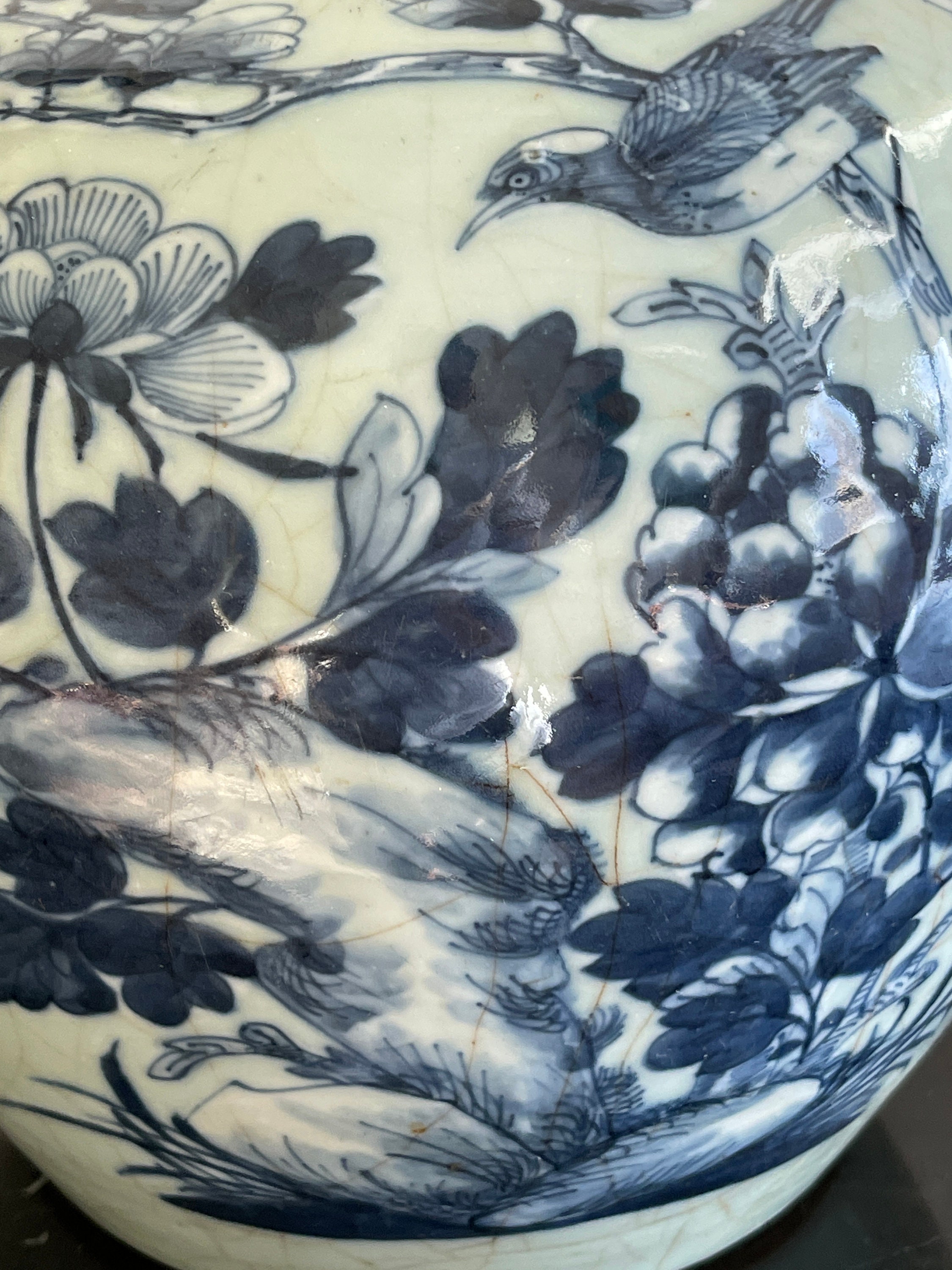Antique Chinese Blue and White Celadon Ginger Jar With Bird Floral