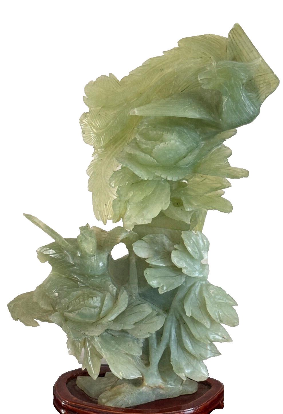 Antique Chinese Hand Carved Jade Phoenix Bird and Peonies