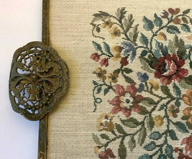 Vintage Victorian Style Footed Embroidered Panel Tray