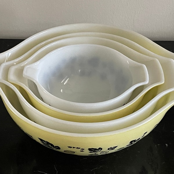 Pyrex Gooseberry Cinderella White & Yellow Mixing Bowls 441; 442; 443; and 444