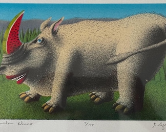 Unknown Artist Limited Edition "Watermelon Rhino" Lithograph Signed and Numbered