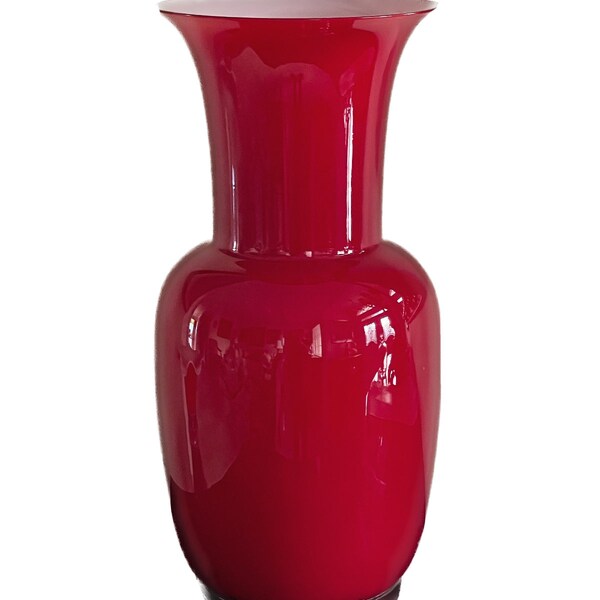 Murano Signed Venini 1985 Red Hand Blown Glass Vase 14 1/8" High