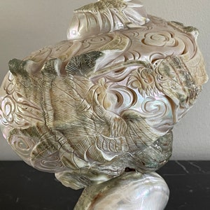 Antique Turbo Marmoratus Green Turban Carved Dragon Phoenix Sea Shell Sculpture image 8