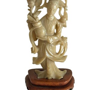 Vintage Chinese Guanyin Carved Stone Sculpture on Wood Base