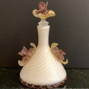 Impressive Murano Venetian Art Glass Orchids Vanity Perfume Bottle 7 3/8" Tall