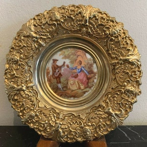 Vintage French Ornate Brass Limoges Fragonard Plaque