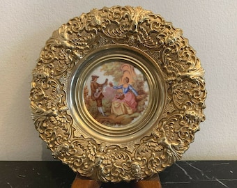 Vintage French Ornate Brass Limoges Fragonard Plaque