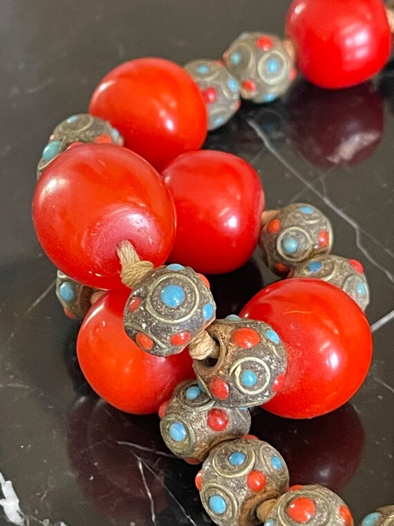 Vintage Tibetan Coral Turquoise Inlay Stones Bead… - image 9