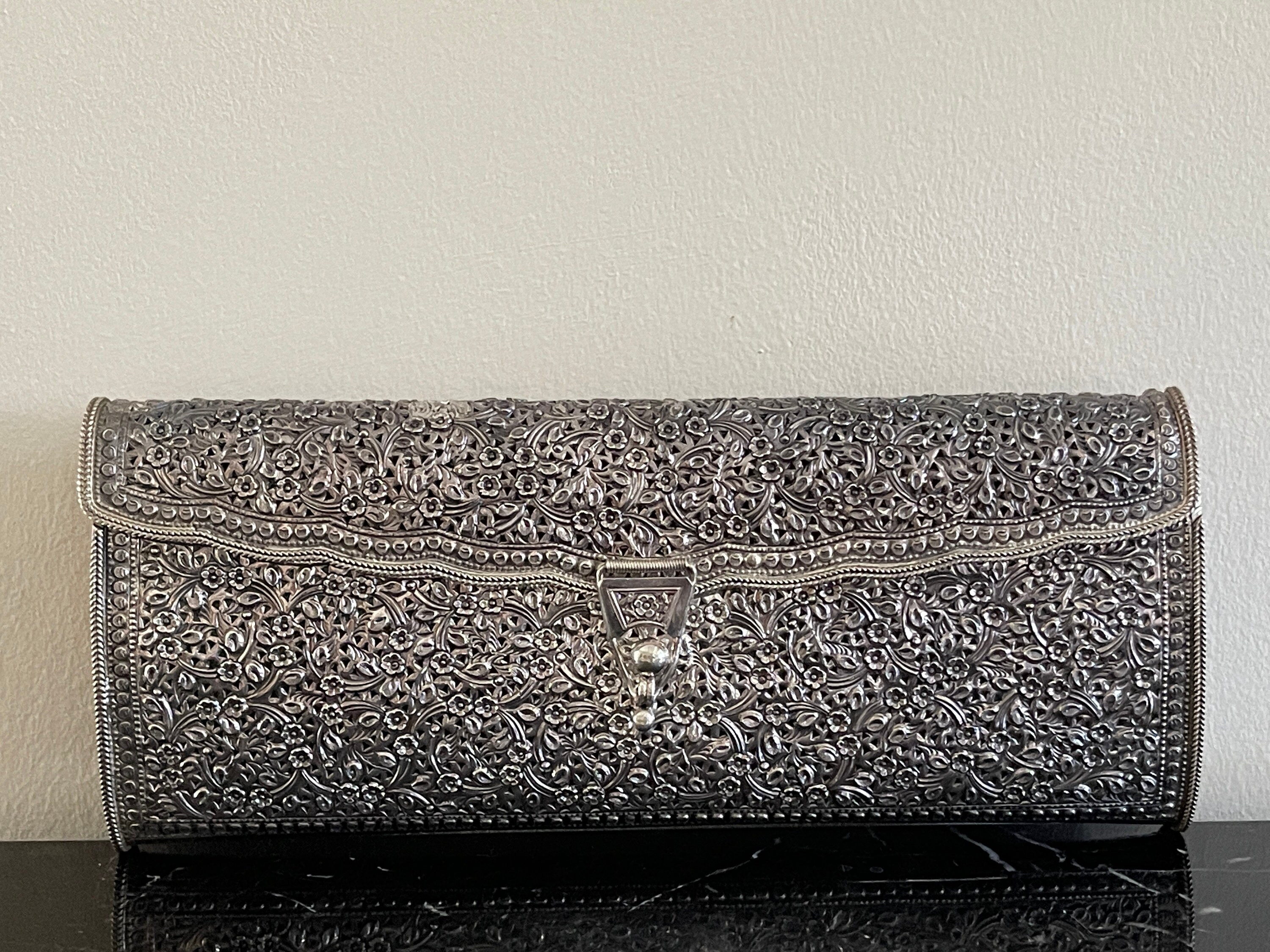Impressive Authentic Ornate Sterling Silver Clutch Handbag Purse 422 Grams *
