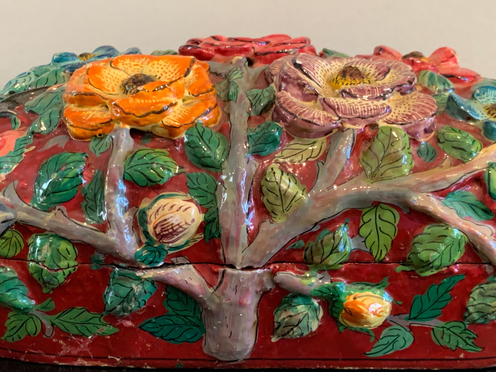 Antique Papier Mache Relief Floral Bird Decoration Lacquer Box Etsy