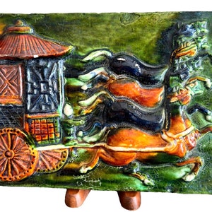 Vintage Chinese Colorful Painted Sancai Glazed Horse Carriage Ceramic Tile