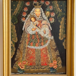 Religious Oil Painting on Canvas "Virgin of Candelaria " with Feathers Tunic