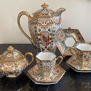Gorgeous Vintage Nippon Porcelain Chocolate Pot Sugar Bowl Cups and Saucers