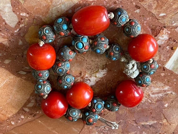 Vintage Tibetan Coral Turquoise Inlay Stones Bead… - image 10