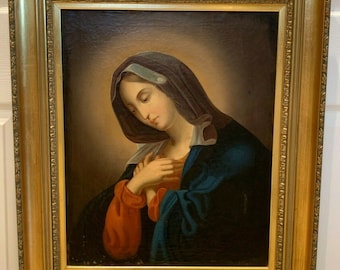 Antique Old Master Madonna Portrait Religious Oil on Canvas Painting