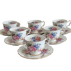 Aynsley Spray Set of 6 Floral Footed Tea Cups and Saucers *