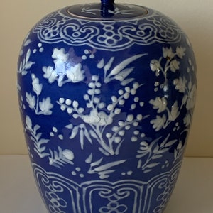 Antique Chinese Blue Ground White Slip Gazed Floral Decorated Porcelain Jar 13"