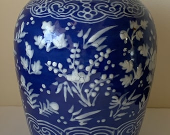 Antique Chinese Blue Ground White Slip Gazed Floral Decorated Porcelain Jar 13"