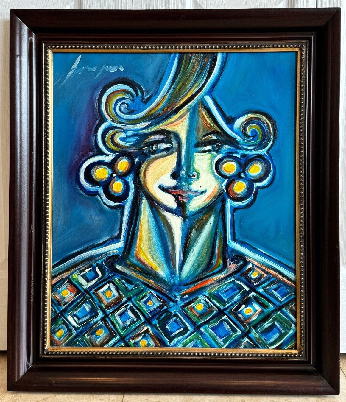 【M6号】good blue(flozen star) painting 油絵 Jorgen Fernandez Miami Artist Framed and Signed Acrylic on Board