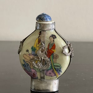 Chinese Hand Painted Porcelain with Dragon & Phoenix on Metal Snuff Bottle