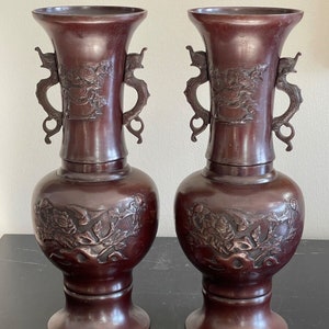 Vintage Pair of Japanese Bronze Birds and Floral Motifs Dragon Vases