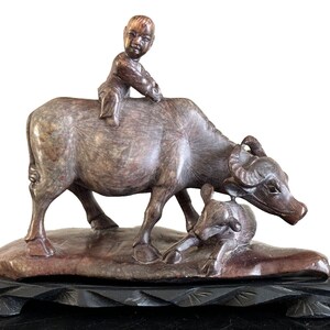Antique Chinese Hand Carved Soap Stone Figurine of a Boy on a Buffalo