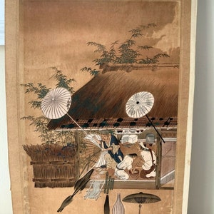 Antique Oriental Japanese Unsigned Watercolor Painting 14 3/4"
