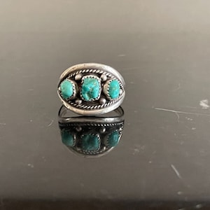 Navajo Signed Size 14 1/4 Sterling Silver Ring with Blue Turquoise Stones