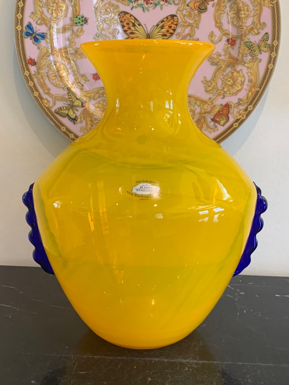 Blenko Glass Yellow Opaline Vase With Cobalt Blue Applied Etsy