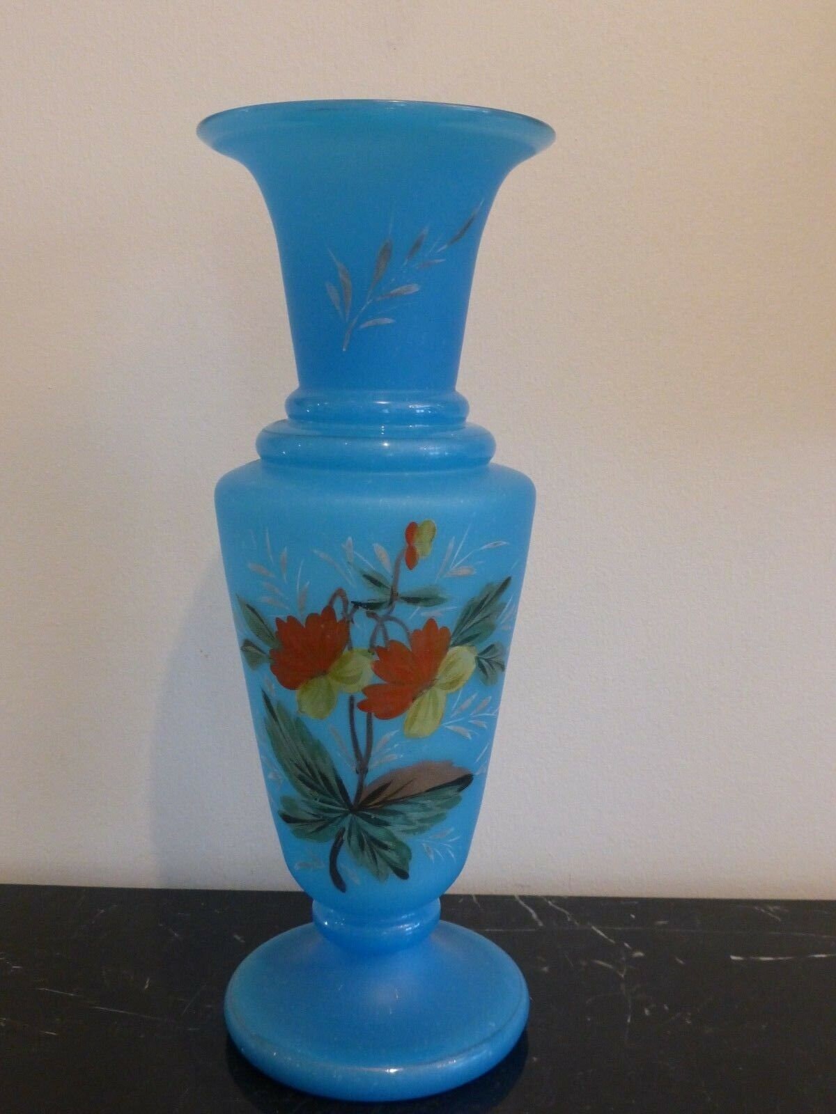 French Blue Opaline Glass Hand Painted Vase 12.5