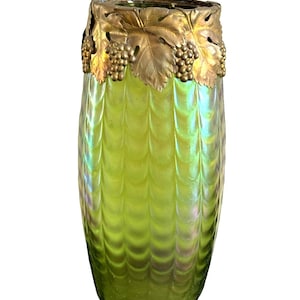 Loetz Kralik Art Nouveau Green Iridescent Glass Vase Grapes Gilded Metal Top