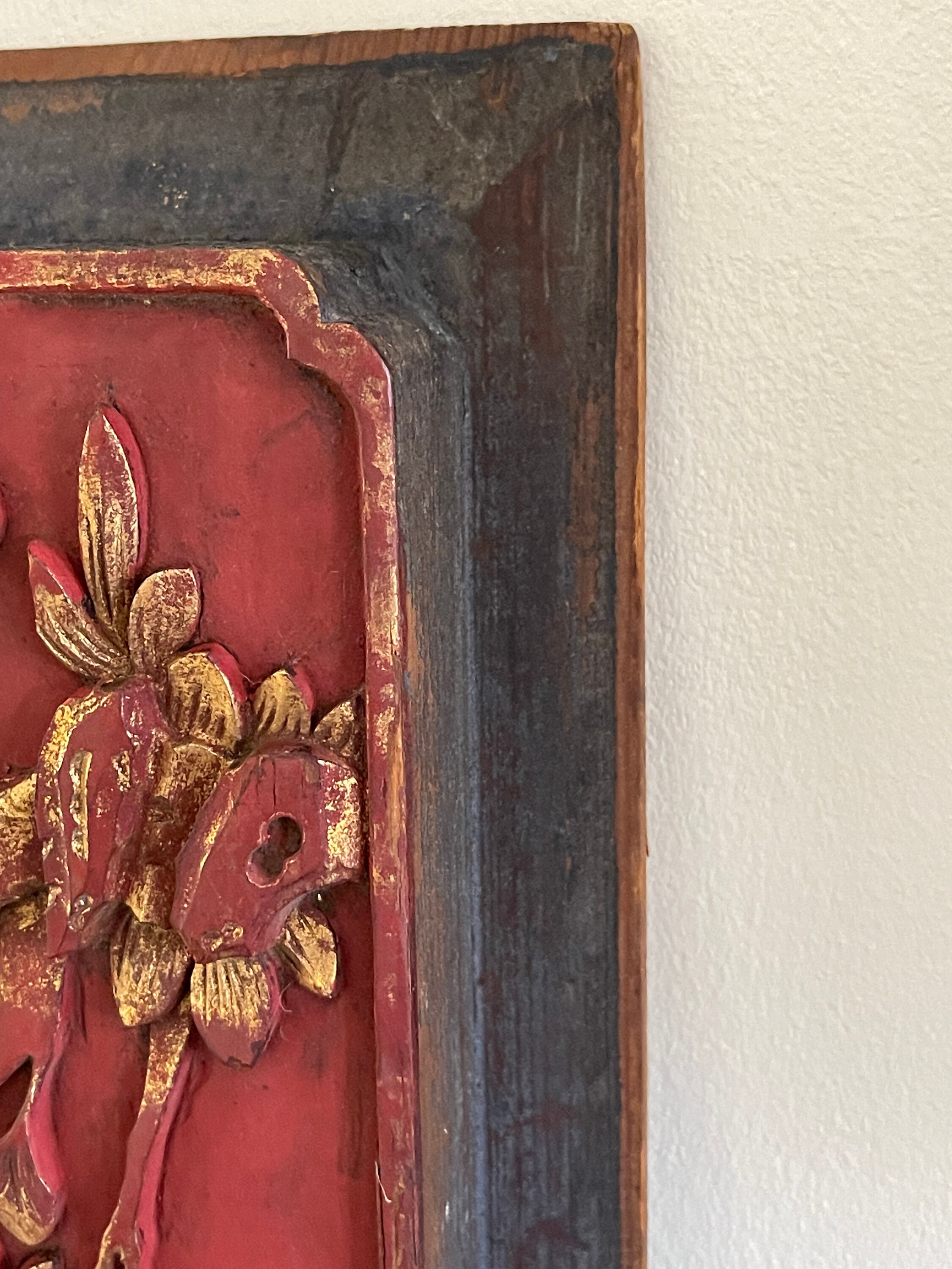 Vintage Chinese Exquisite Carved Wood Relic Flowers and Bird