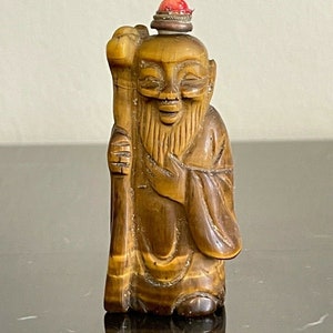 Chinese Carved Tiger Eye Stone Shou Lao God of Longevity Snuff Bottle