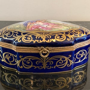 Antique 19th Porcelain Cobalt Blue Jewelry Casket Box with Signed Portrait