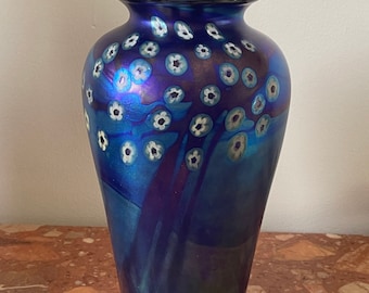 Vintage Iridescent Blue Daisy Flowers Decorated Vase 10 1/4&quot;