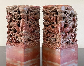 Vintage Pair of Chinese Carved Stone Dragon High Relief Bookends